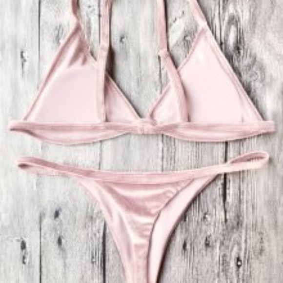 zaful cami pink velvet string thong bikini set- - Picture 2 of 4